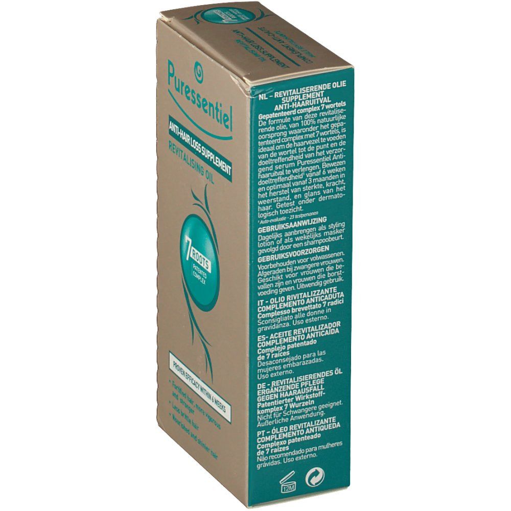 Vue latérale d'une boîte en carton. Texte et logo. Plusieurs langues. Texte: 'Complexe 7 racines breveté'.