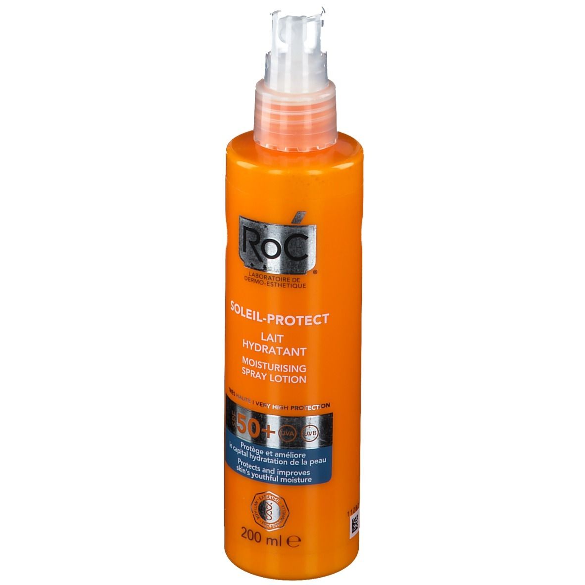 Flacon orange avec vaporisateur. Inscriptions: RoC Soleil-Protect Lait Hydratant, SPF 50+. 200 ml.