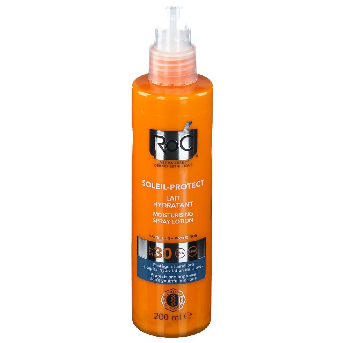 Flacon orange avec vaporisateur. Inscriptions: SOLAIL-PROTECT, Lait Hydratant, SPF 30. 200 ml. Marque: RoC.