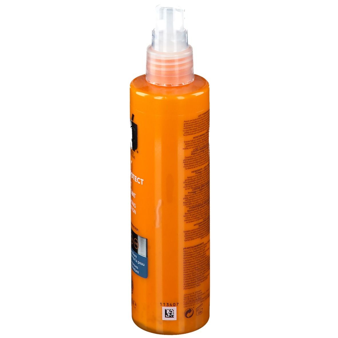 Flacon orange avec vaporisateur. Inscriptions partiellement visibles. Marque: RoC.
