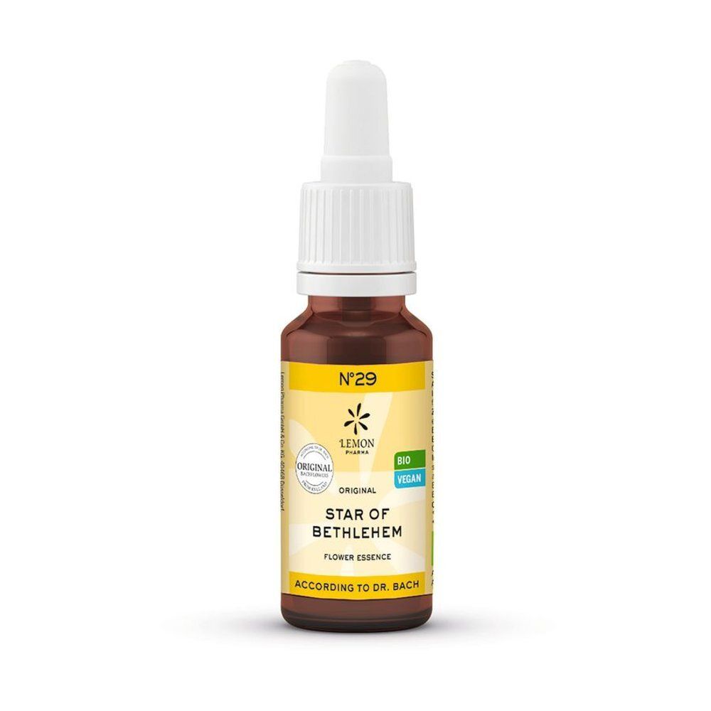 Flacon en verre brun avec bouchon compte-gouttes, étiquette avec 'Lemon Pharma', 'Bio', 'Vegan' et 'Star of Bethlehem'.