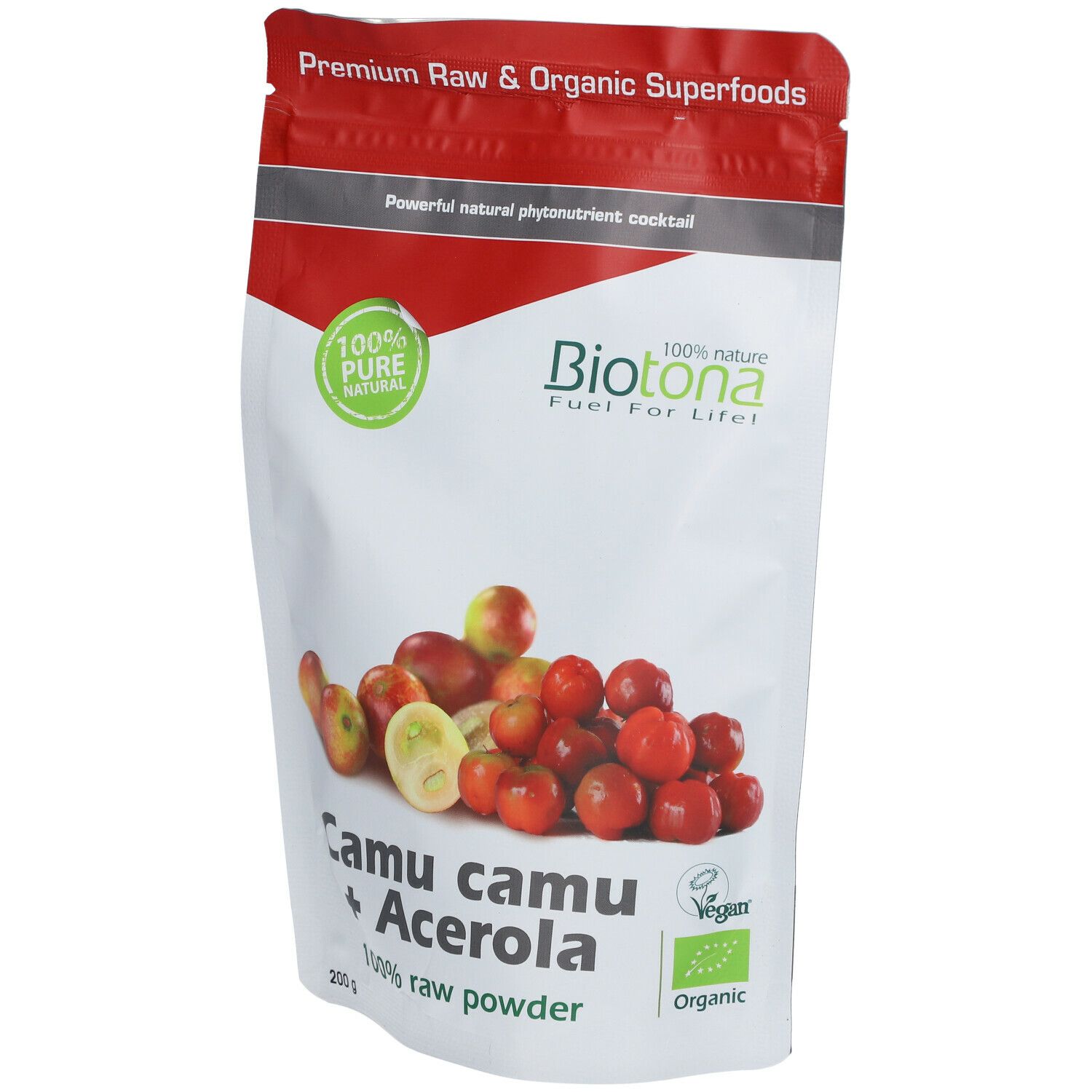 Sachet de poudre Camu camu + Acerola. Inscription : Biotona, 100% Pure, Organic Superfoods. Illustration de fruits.