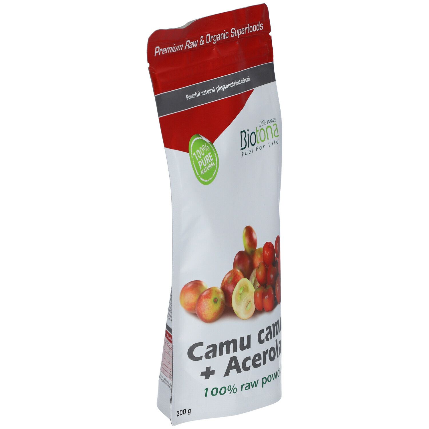 Sachet de poudre Camu camu + Acerola. Inscription : Biotona, 100% Pure. Illustration de fruits. Fermeture rouge.