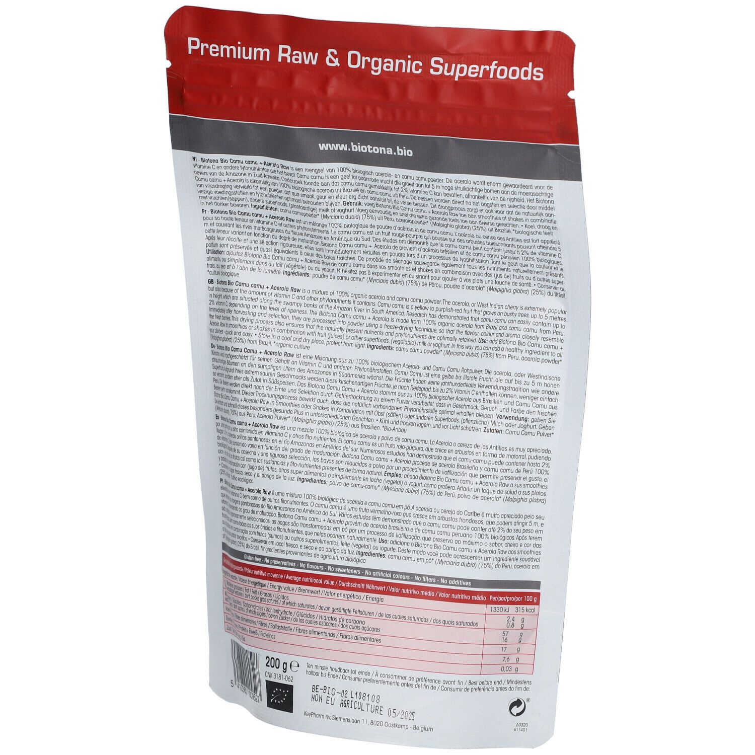Dos du sachet de poudre Camu camu + Acerola. Texte multilingue. Informations sur les ingrédients et la valeur nutritionnelle.