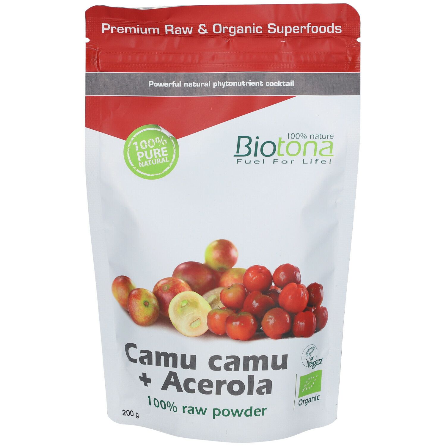 Sachet de poudre Camu camu + Acerola. Inscription : Biotona, 100% Pure, Organic Superfoods. Illustration de fruits. Sceau vert.