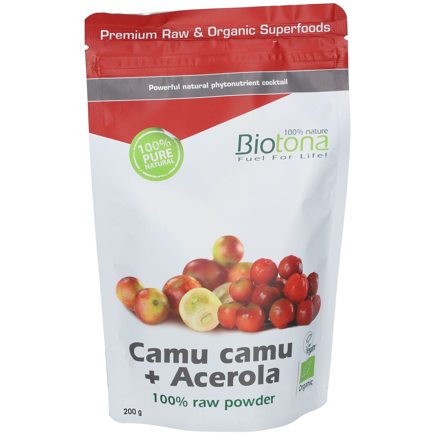 Sachet de poudre Camu camu + Acerola. Inscription : Biotona, 100% Pure, Organic Superfoods. Illustration de fruits. Sceau vert.