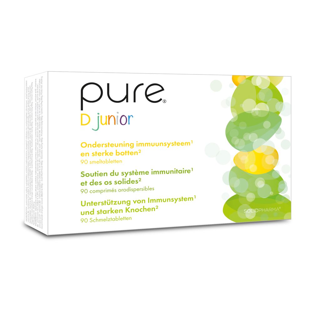 Dos de la boîte "pure D junior". Texte en allemand, français et néerlandais. Design vert et jaune.