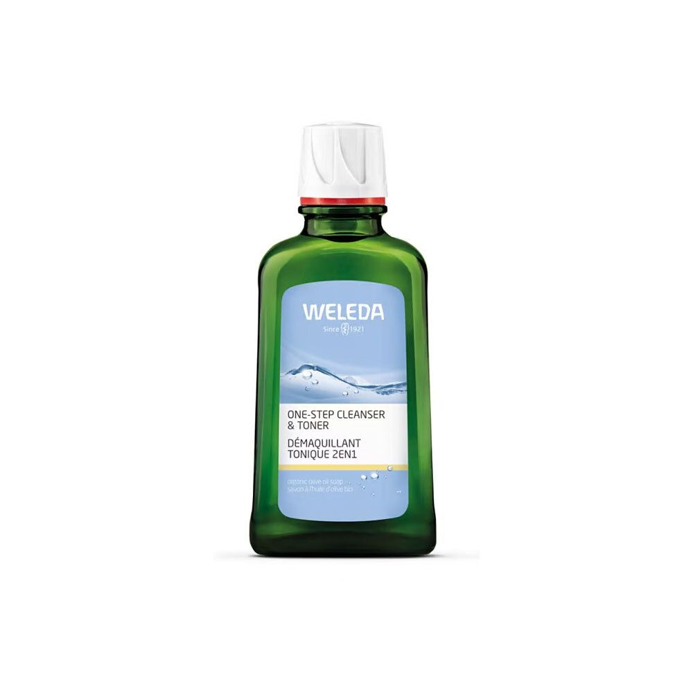 Flacon vert avec bouchon blanc. Inscription : Weleda, One-Step Cleanser & Toner, Démaquillant Tonique 2en1.