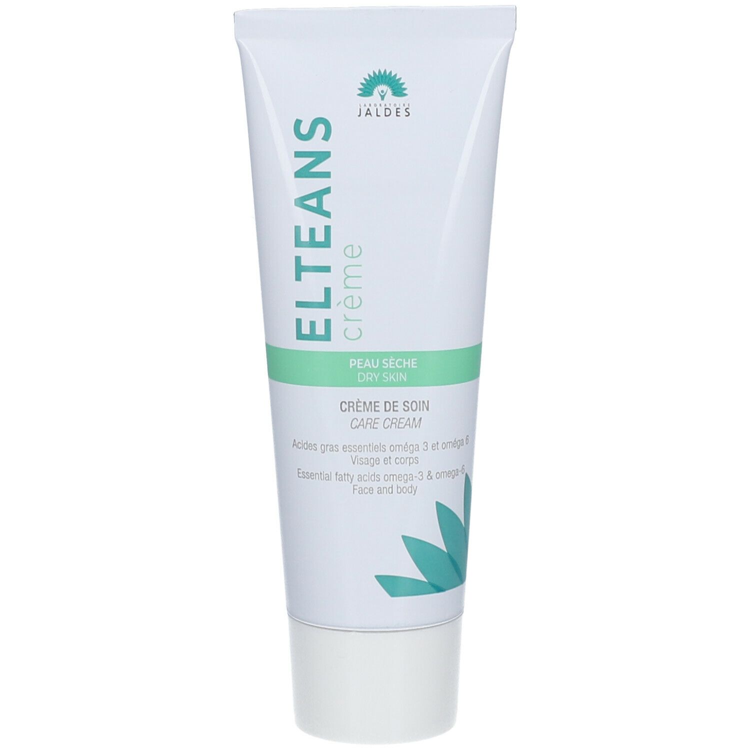 Tube de crème ELTEANS, blanc avec accents verts. Texte: ELTEANS crème, Peau sèche, Crème de soin. Logo Jaldes.