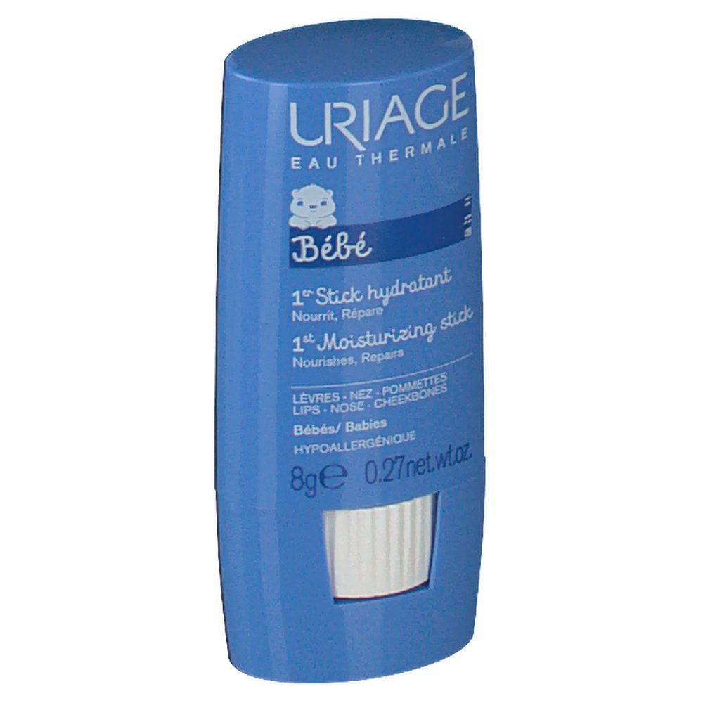 Stick bleu avec applicateur blanc. Logo Uriage et texte "Bébé 1er Stick hydratant" en blanc.
