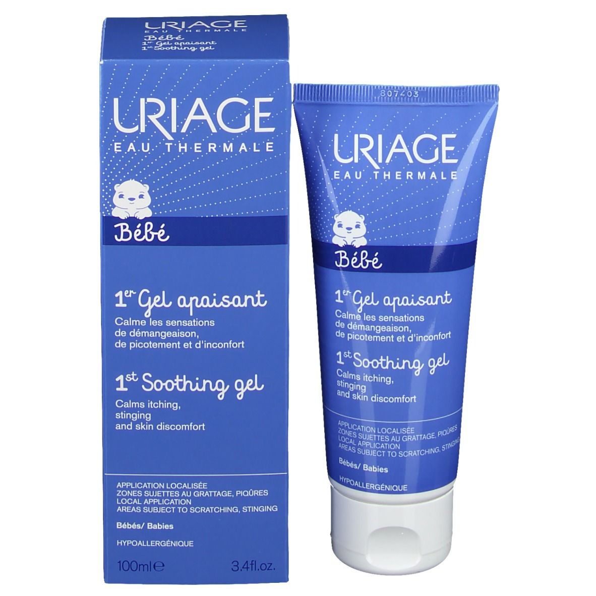 Emballage du produit: Boîte et tube bleus. Inscription: Uriage Bébé, 1er Gel apaisant. Symbole bébé.