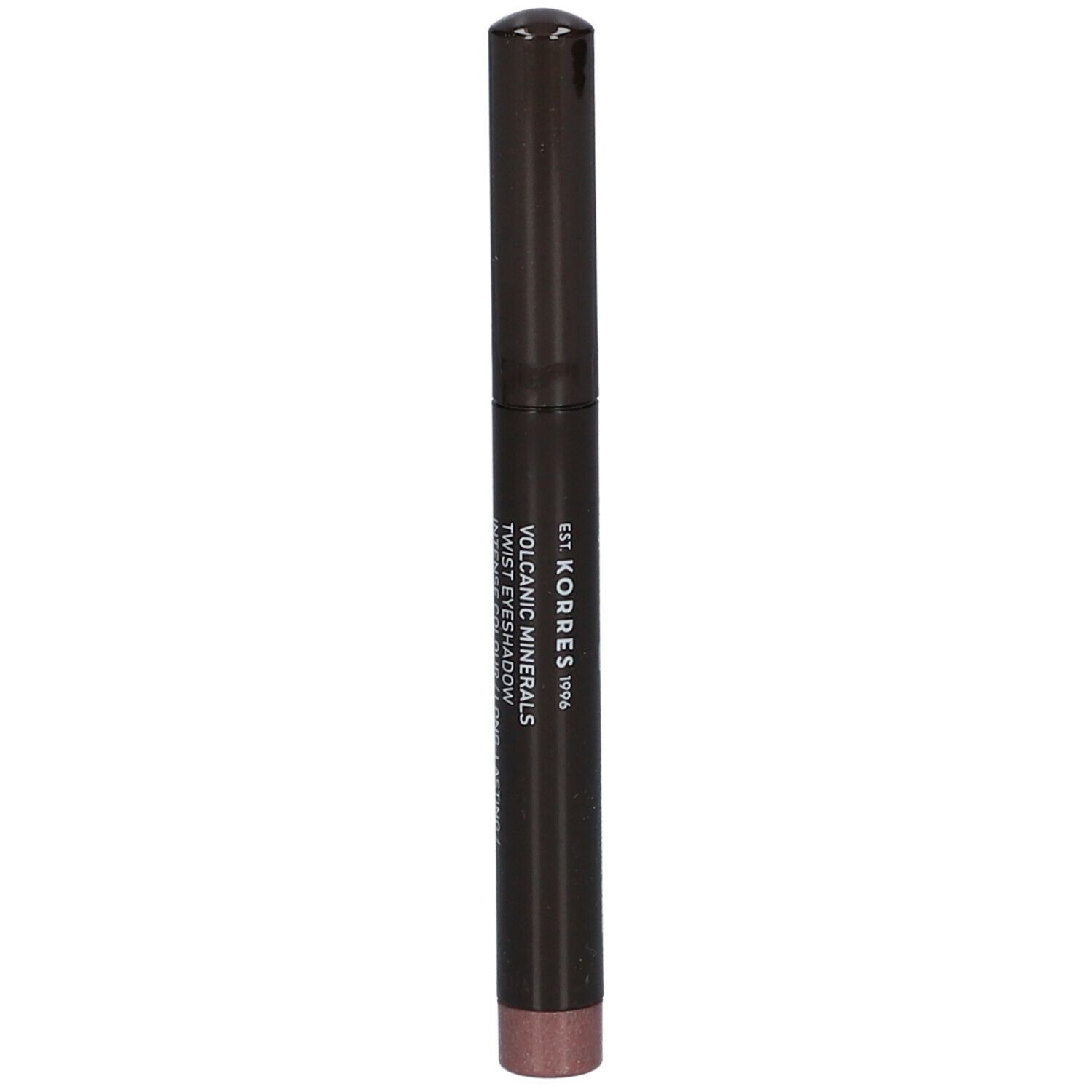 Crayon fard à paupières Twist, marron foncé. Inscription: KORRES, Volcanic Minerals, Twist Eyeshadow.