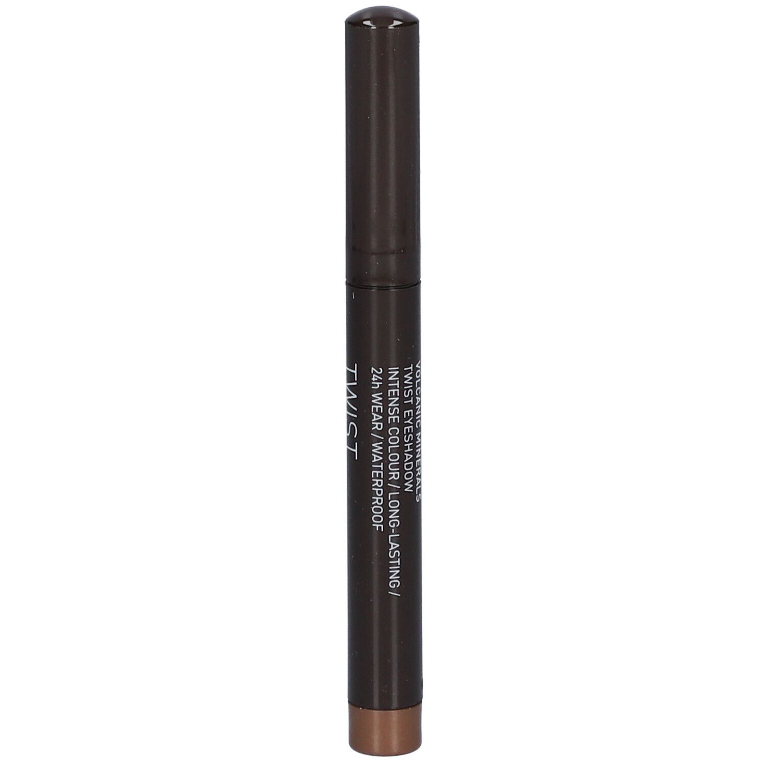 Crayon fard à paupières marron. Inscription: Volcanic Minerals Twist Eyeshadow, Intense Colour / Long-Lasting / 24h Wear / Waterproof.
