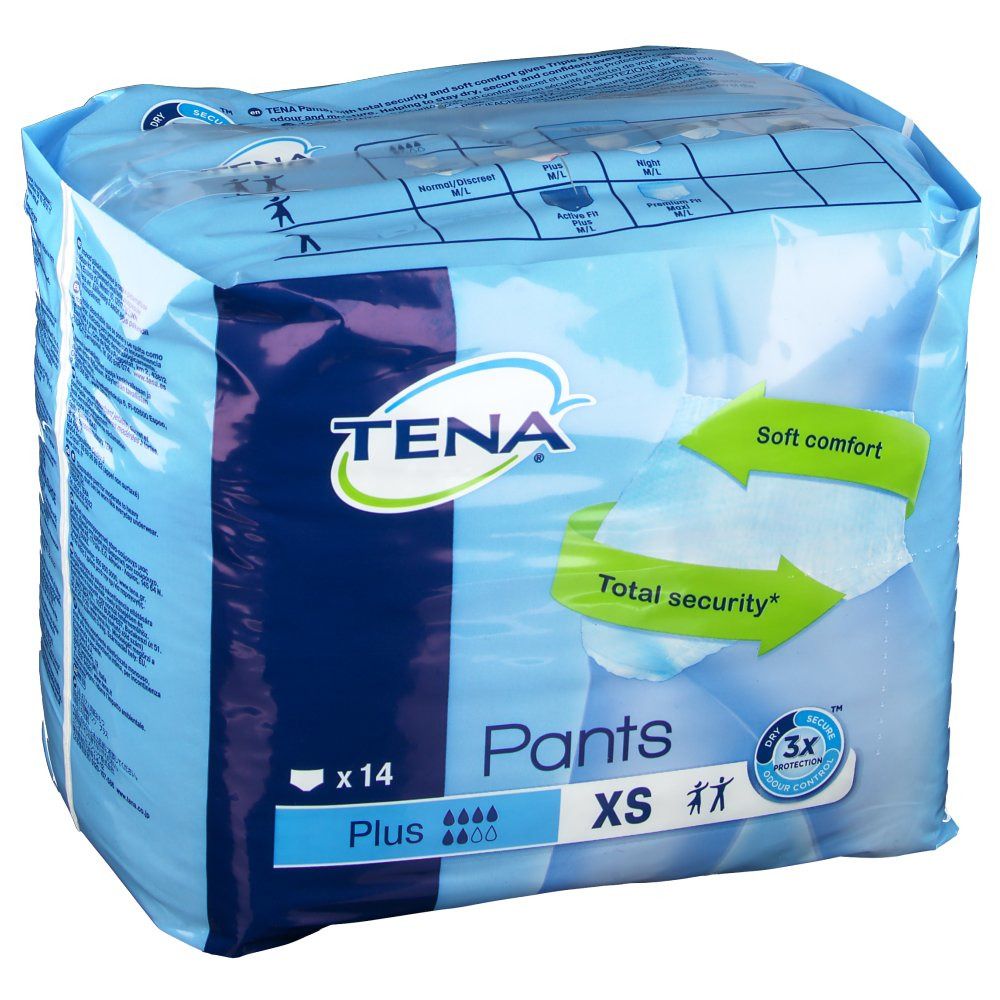 Paquet de TENA Pants Plus XS. Emballage bleu avec nom du produit, logo et pictogrammes. 14 unités.