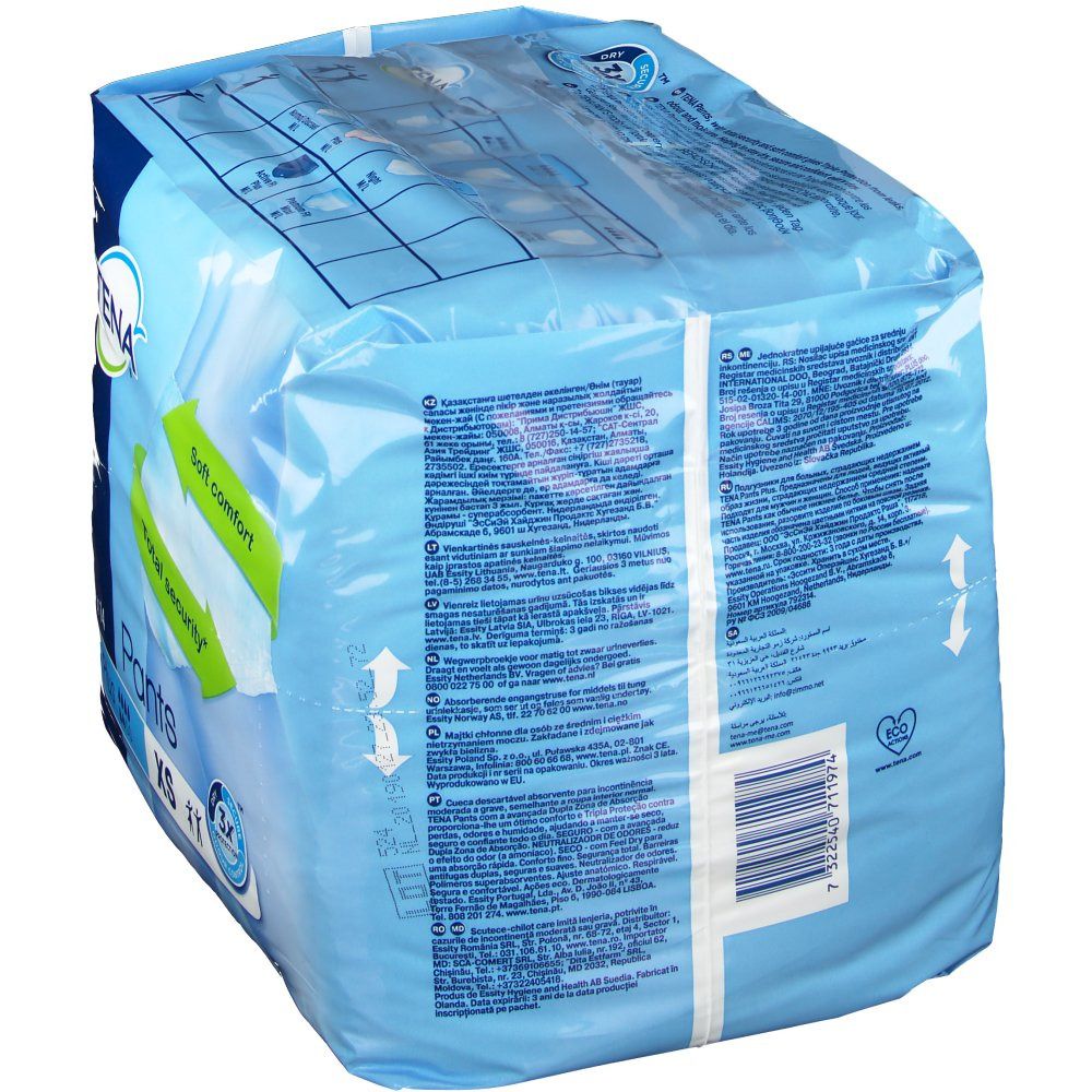 Dos du paquet TENA Pants Plus XS. Film bleu avec informations produit et code-barres.