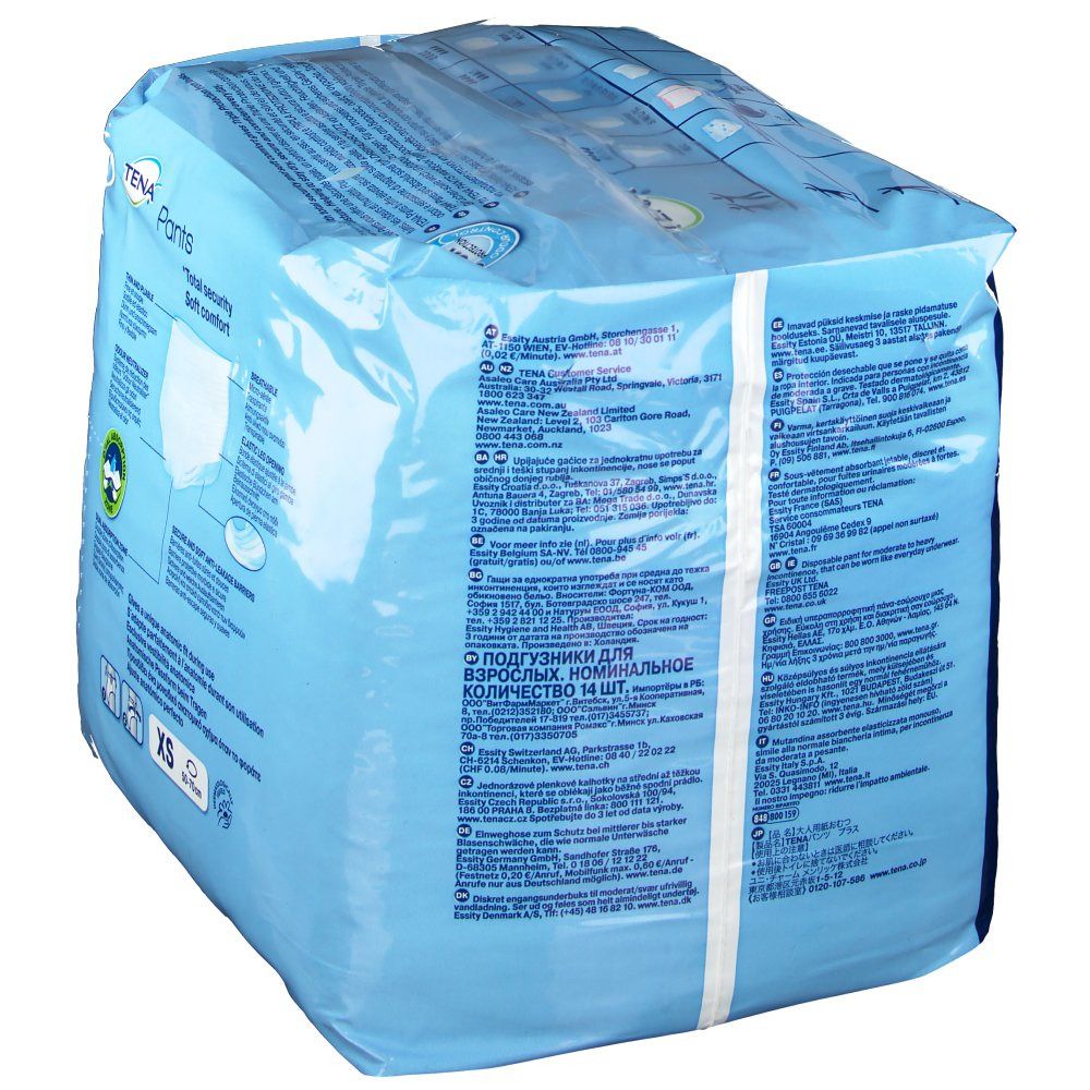 Vue arrière du paquet TENA Pants Plus XS. Film bleu avec informations produit et texte.