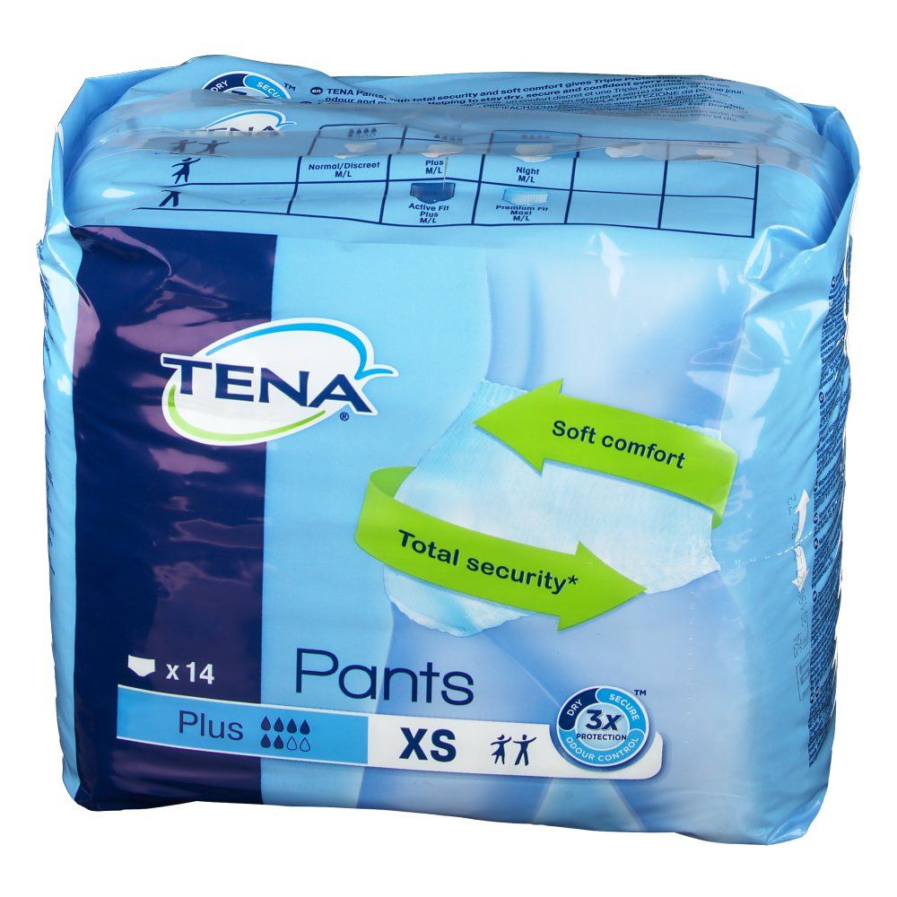 Paquet de TENA Pants Plus XS. Emballage bleu avec nom du produit, logo et pictogrammes. 14 unités.