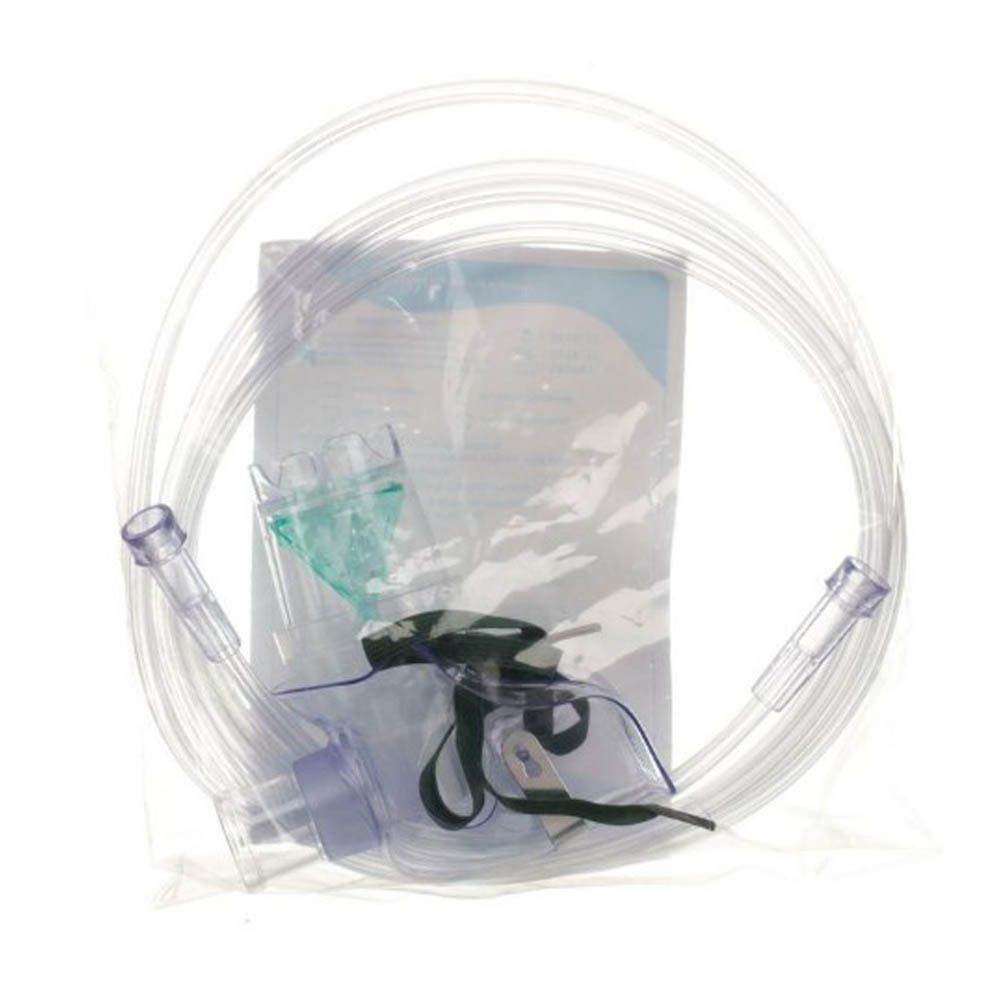 Ensemble d'aérosol pour bébé emballé. Masque, tube et accessoires visibles.