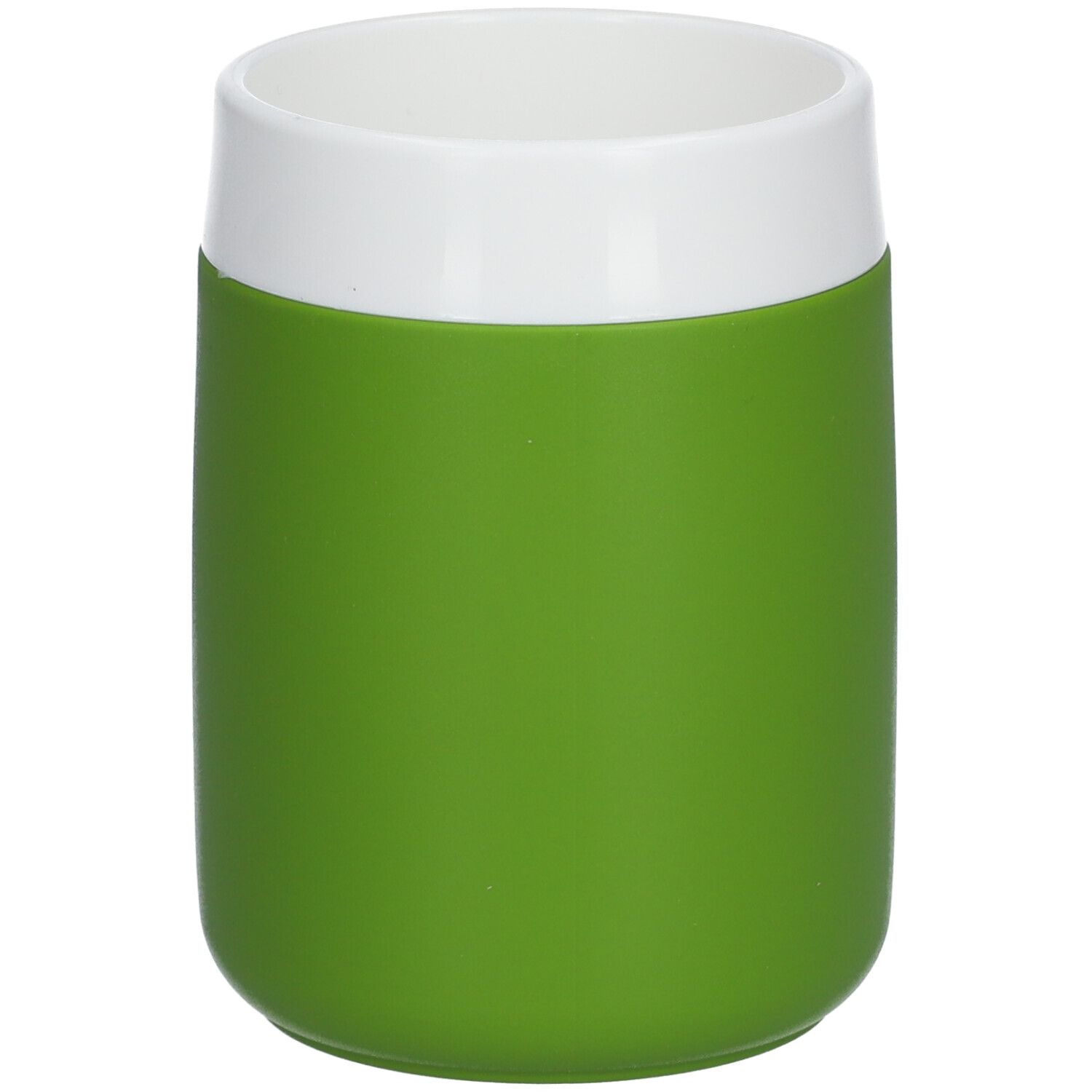 Gobelet blanc et vert. Forme cylindrique, bord blanc, corps vert. Sans anse.