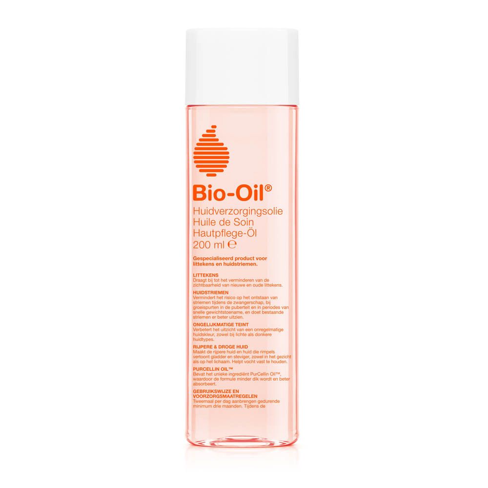 Flacon de Bio-Oil. Forme cylindrique, liquide transparent, bouchon blanc. Étiquetage visible.