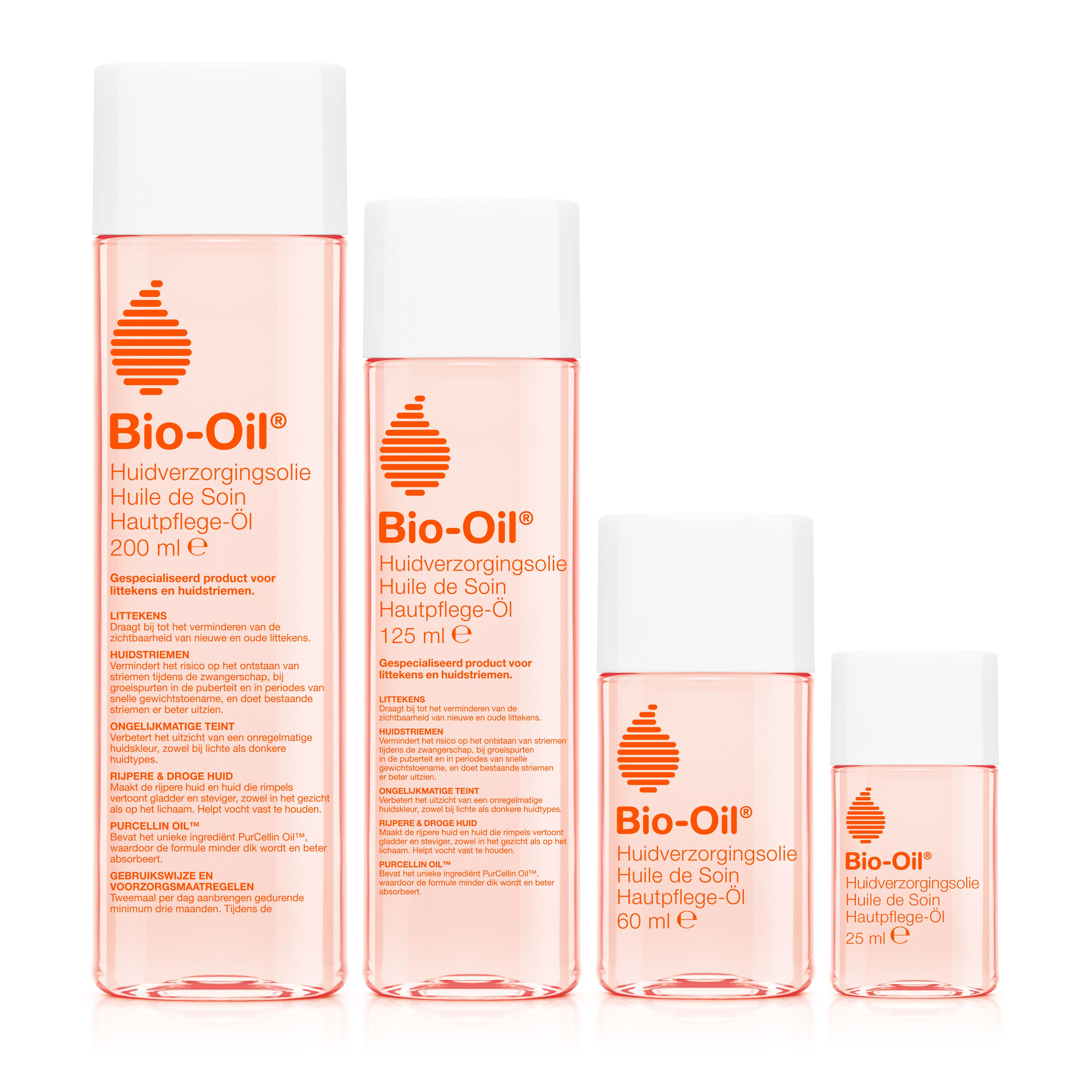 Quatre flacons Bio-Oil. Différentes tailles, liquide rose, bouchon blanc. Inscription : Bio-Oil Huile de Soin.