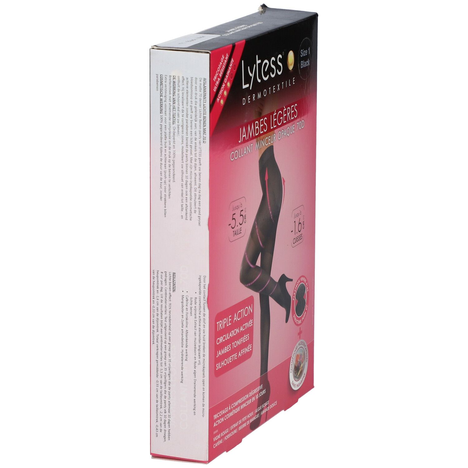 Boîte de collant Lytess. Côté avec texte et informations produit. Jambes Légères, Collant Minceur Opaque 70D.