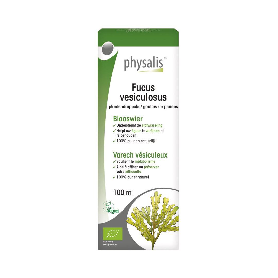 Emballage du produit. Boîte verte et blanche avec nom du produit, logo et informations. Label bio.