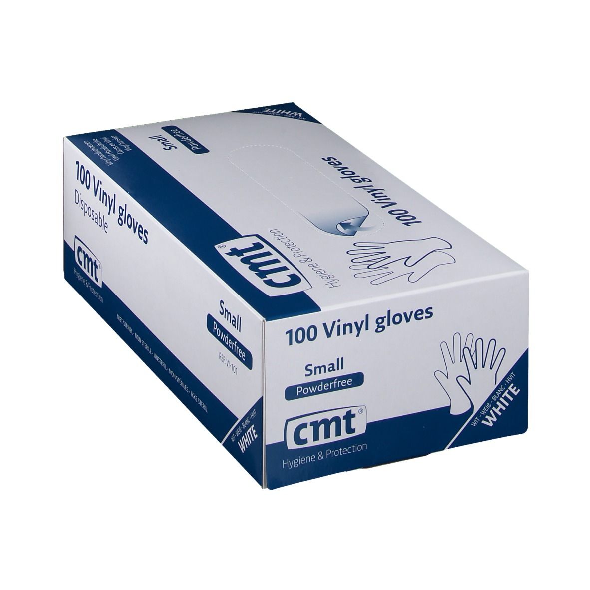 Boîte de 100 gants en vinyle CMT. Inscription: Small, sans poudre. Illustration de gants. Vue en biais.