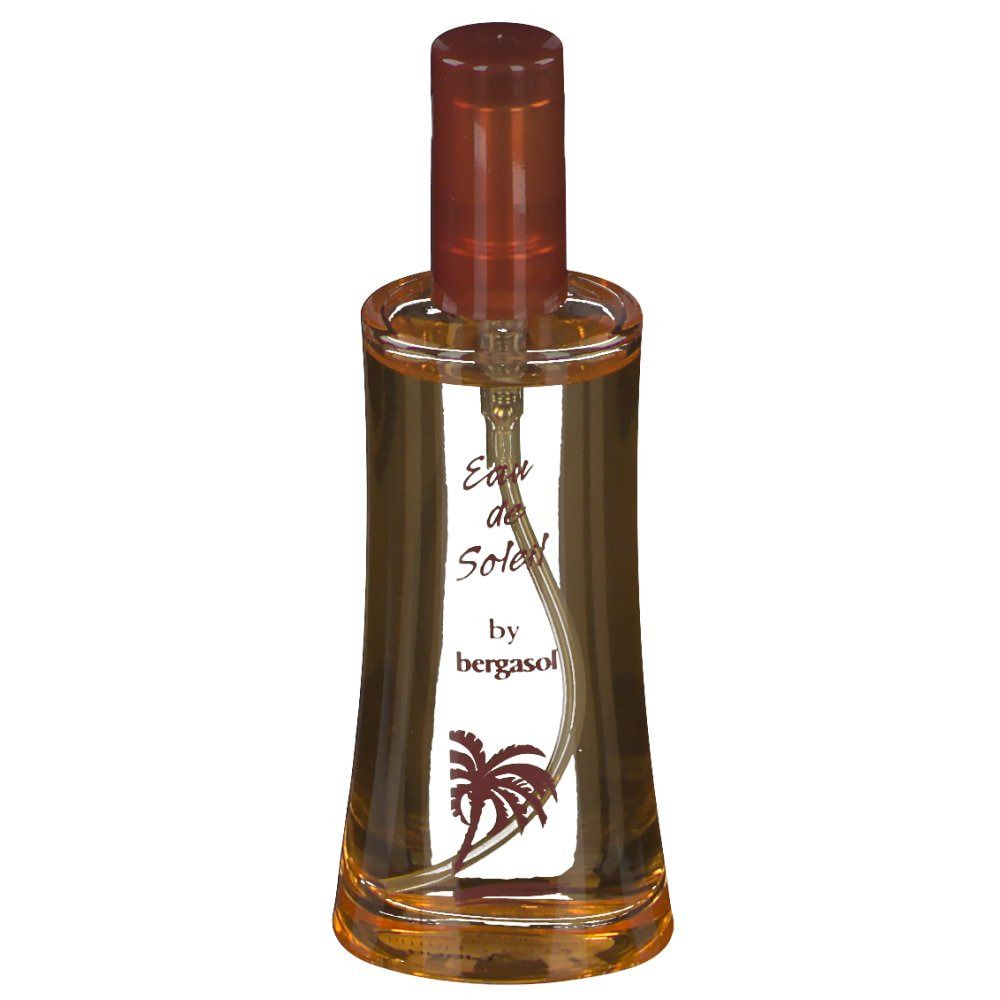 Flacon en verre avec bouchon marron et vaporisateur. Inscription: Eau de Soleil by bergasol. Logo palmier.