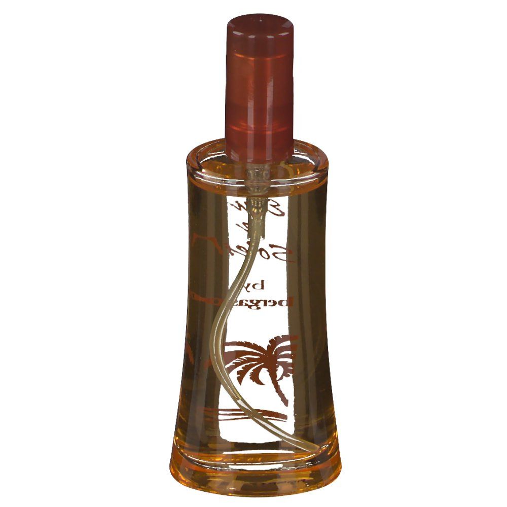 Flacon en verre avec bouchon marron et vaporisateur. Inscription: Eau de Soleil by bergasol. Logo palmier.