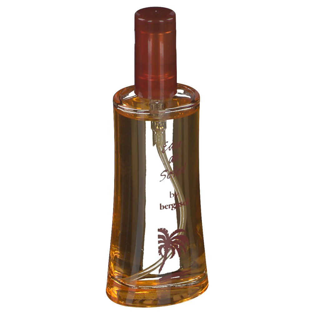 Flacon en verre avec bouchon marron et vaporisateur. Inscription: Eau de Soleil by bergasol. Logo palmier.