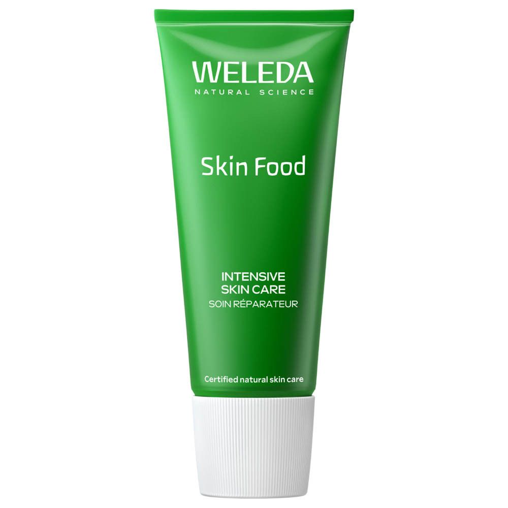 Tube vert Weleda Skin Food avec bouchon à vis blanc. Texte en français.