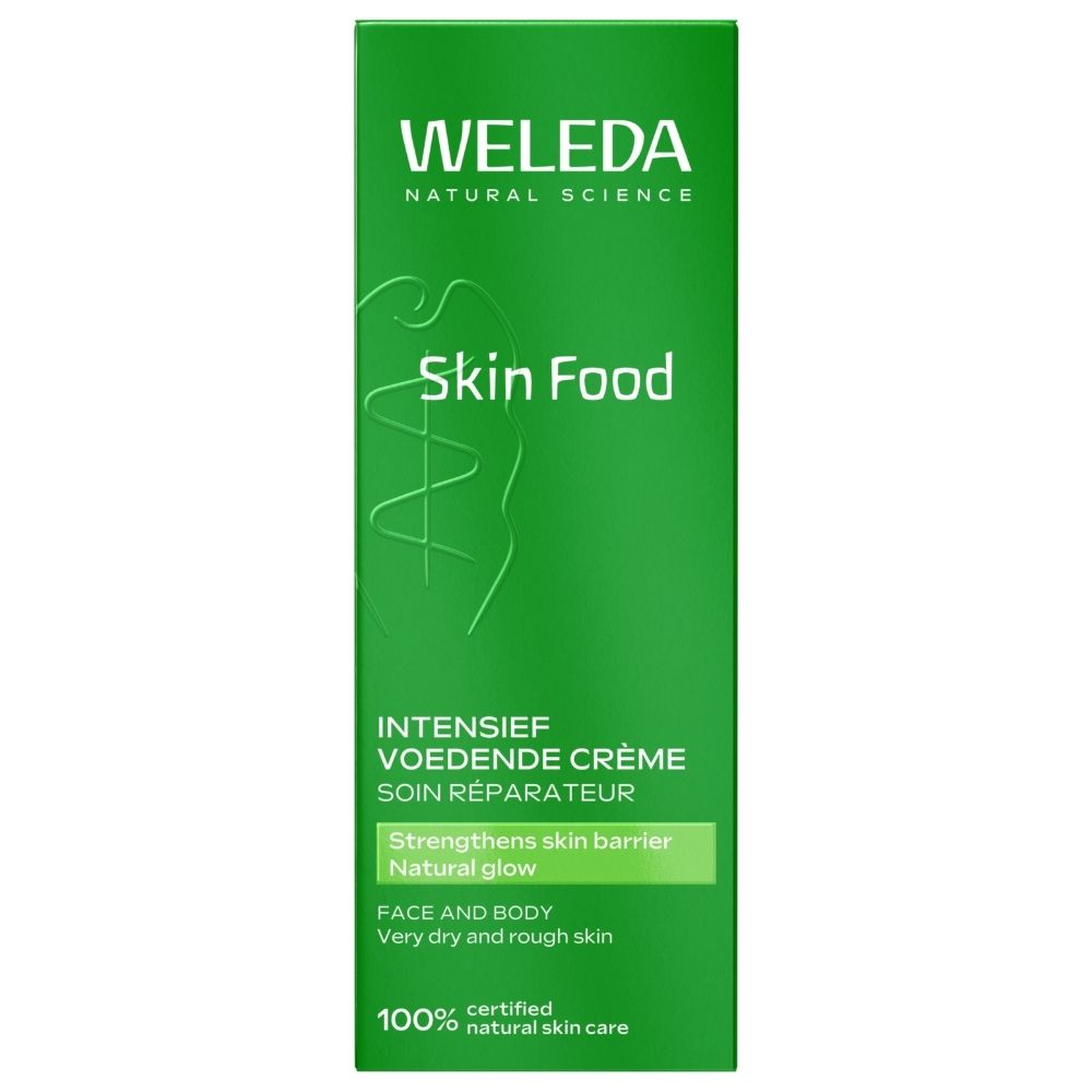 Boîte verte Weleda Skin Food. Texte en français.