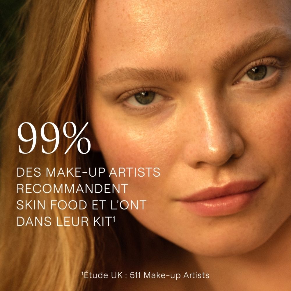 Visage d'une femme avec texte : 99% des maquilleurs recommandent Skin Food.