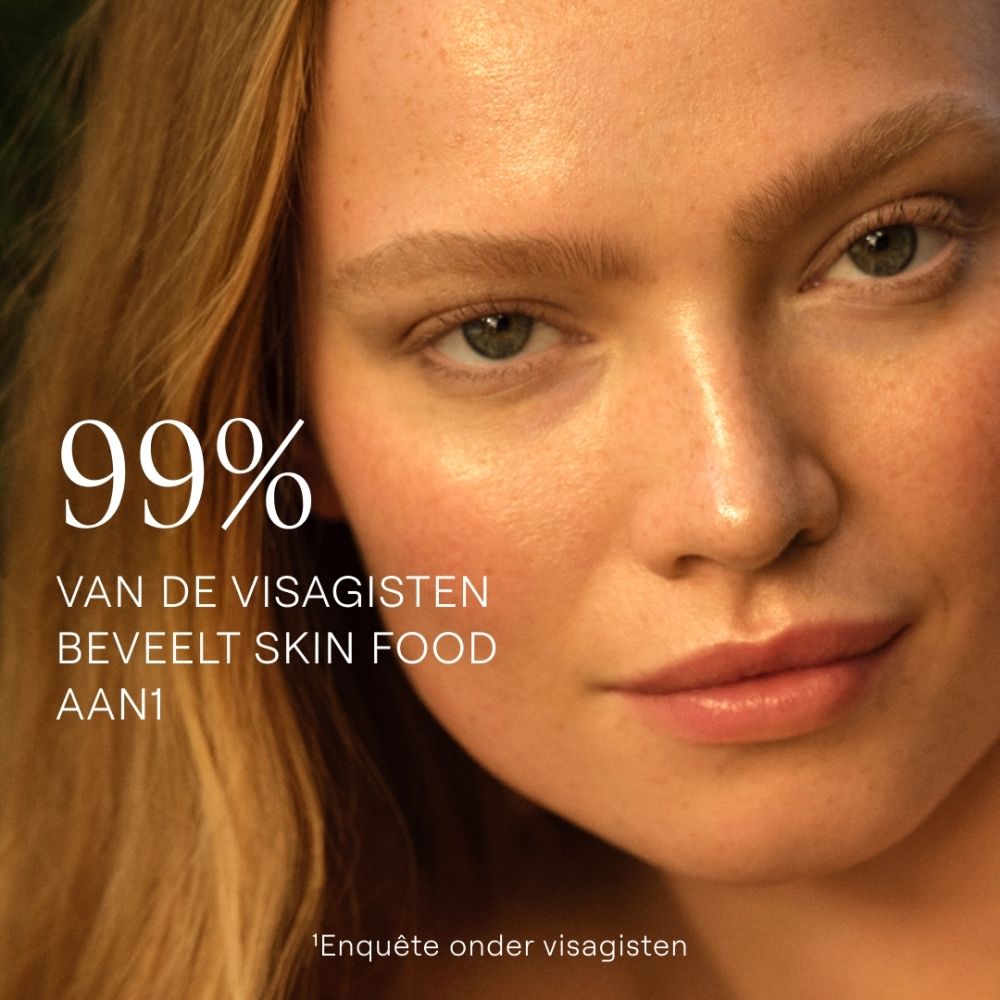Visage d'une femme avec texte : 99% des maquilleurs recommandent Skin Food.