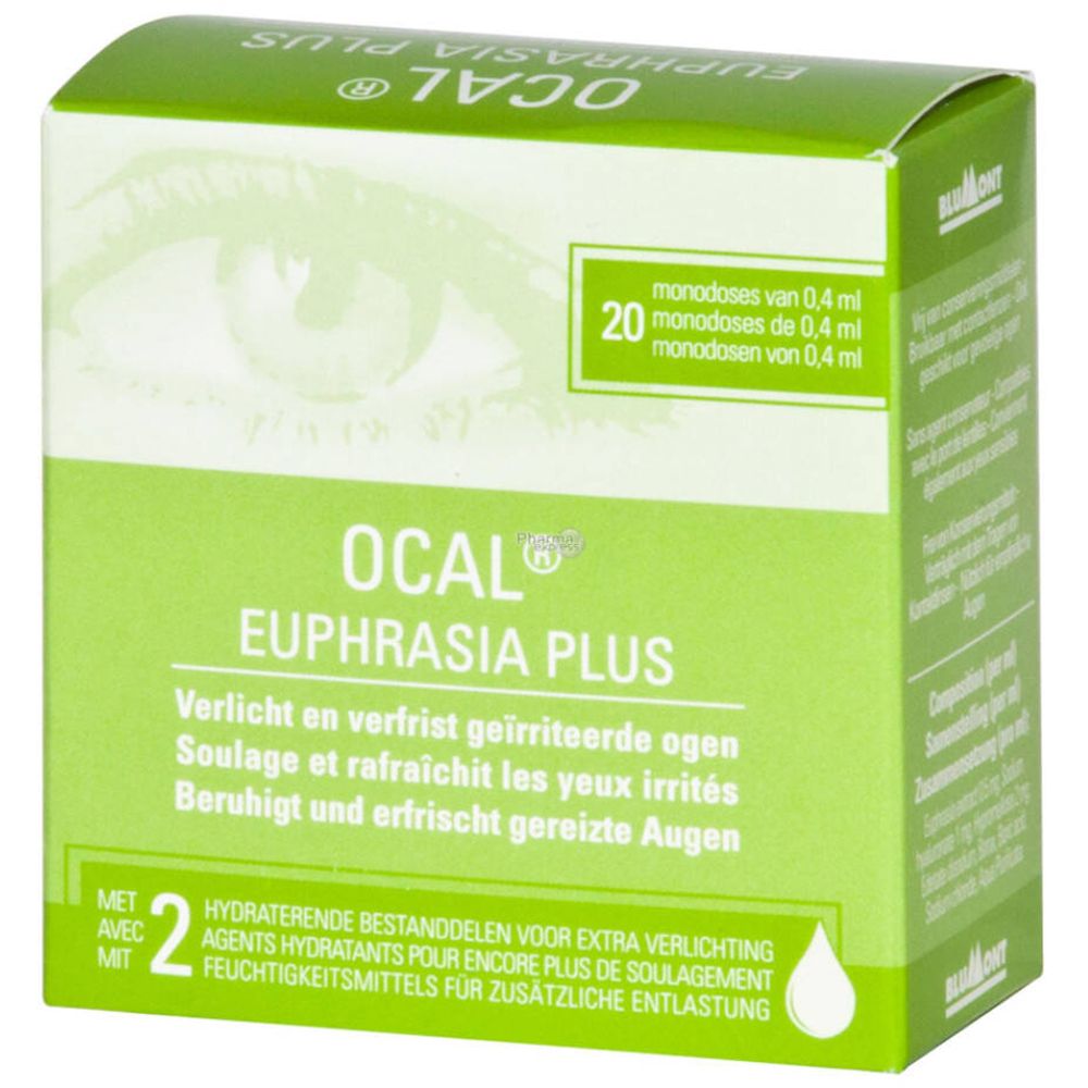 Boîte verte Ocal Euphrasia Plus. Contient 20 monodoses. Texte: Soulage et rafraîchit les yeux irrités.