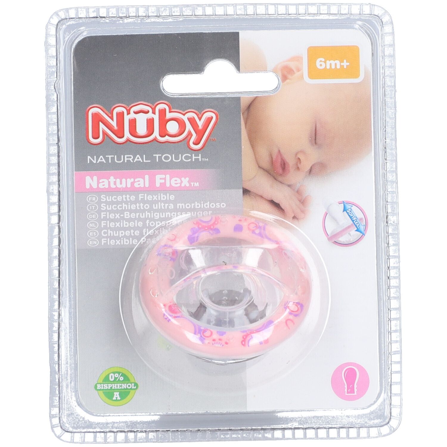 Sucette rose dans un emballage blister. Inscription : Nûby Natural Touch Natural Flex. Convient aux bébés de 6 mois et plus. Sans BPA.