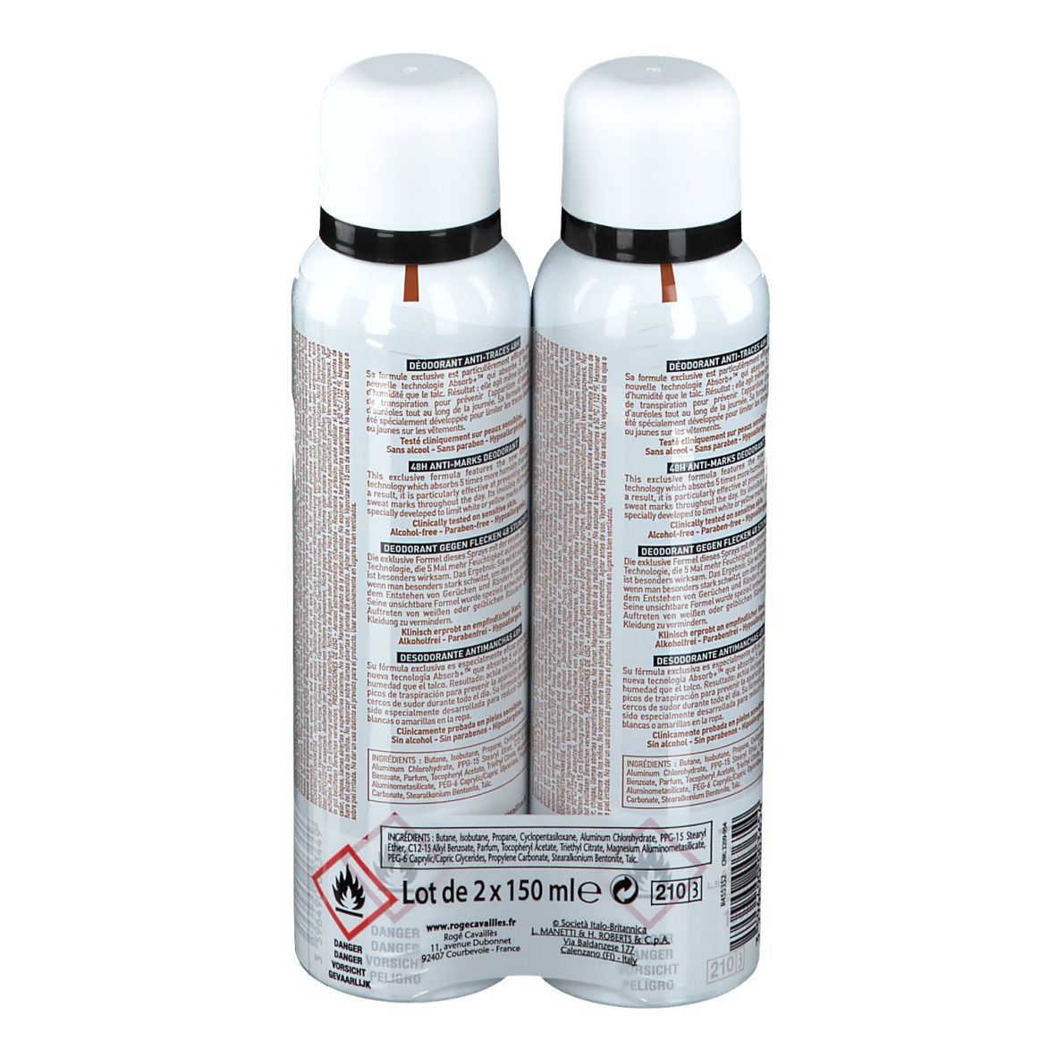 Deux déodorants en emballage. Bouteilles blanches et marron, anneau noir, bouchon blanc. Texte: Déodorant Absorb+.