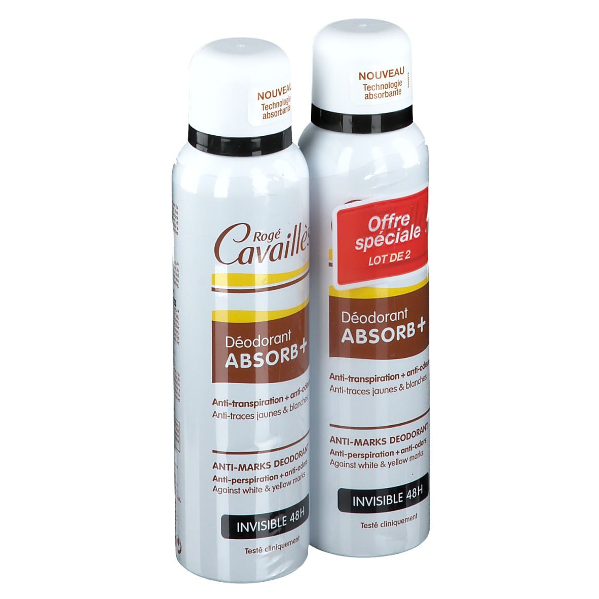 Deux déodorants. Bouteilles blanches et marron, anneau noir, bouchon blanc. Texte: Rogé Cavaillès, Absorb+, Offre spéciale.