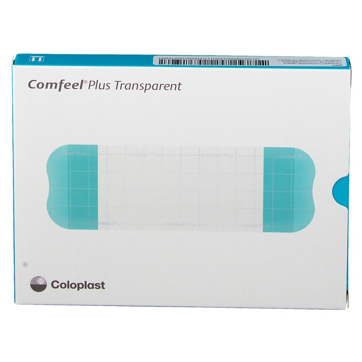 Vue de face de la boîte Comfeel Plus Transparent. Boîte rectangulaire avec illustration et logo.