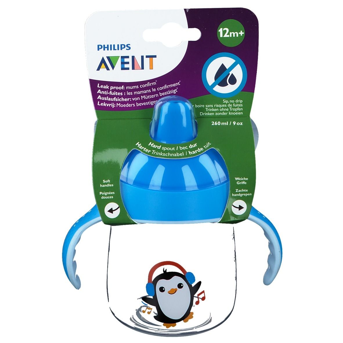 Avent Tasse à bec Anti-fuite Pingouin Bleu +12 mois 260 ml