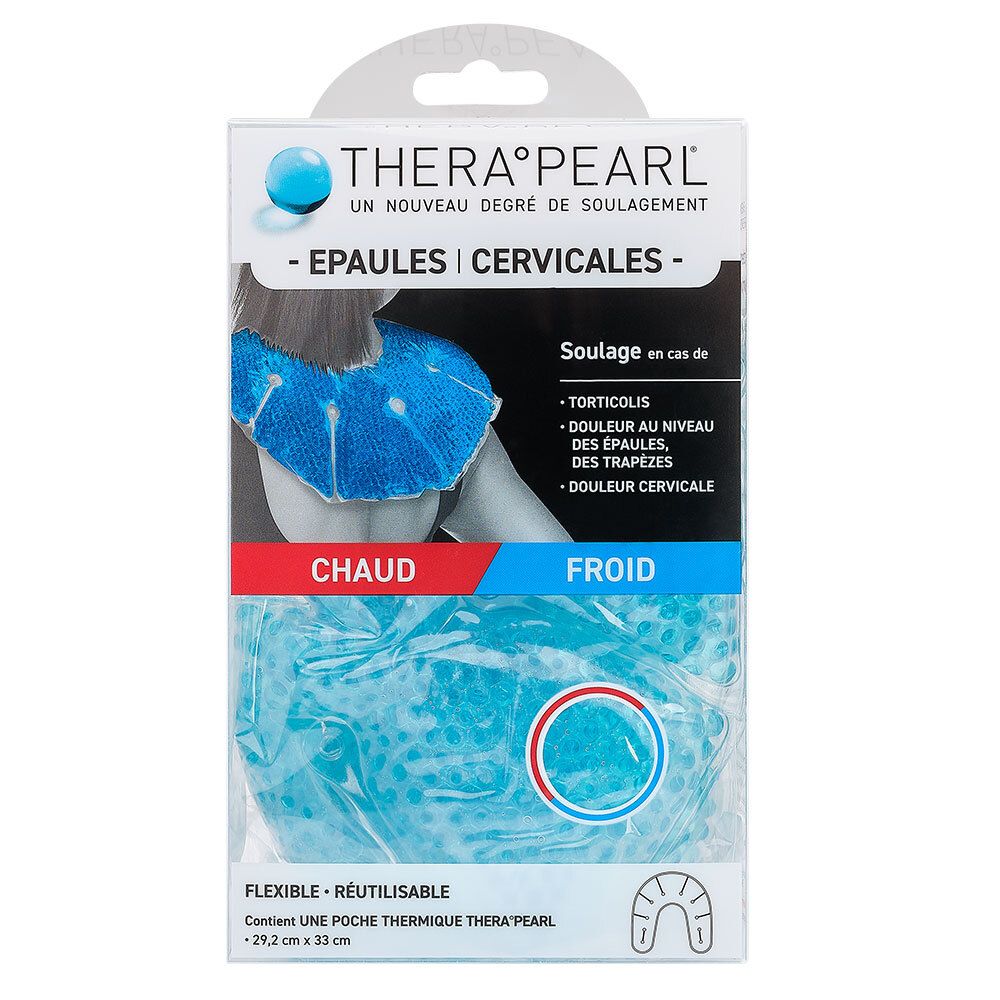 Compresse TheraPearl épaules/cervicales, emballage. Gel bleu, forme en U. Dimensions : 29,2 x 33 cm. Flexible et réutilisable.