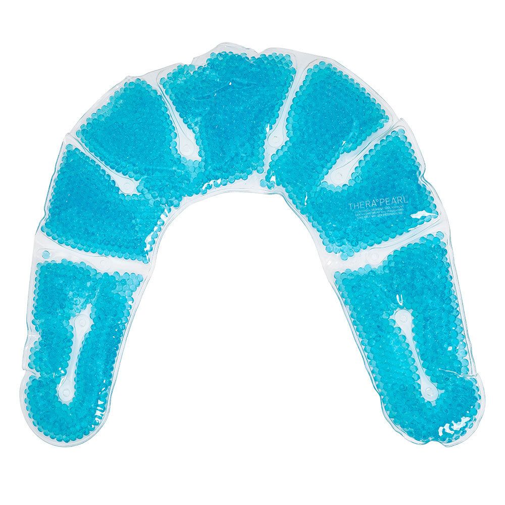 Compresse TheraPearl épaules/cervicales. Gel bleu, forme en U. Flexible. Nom du produit visible. Pas d'emballage.