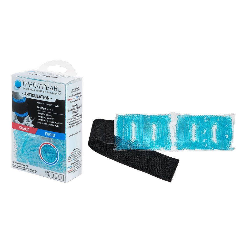 Emballage et deux packs de gel bleu avec bande noire. Texte: THERA°PEARL, articulation, chaud/froid.