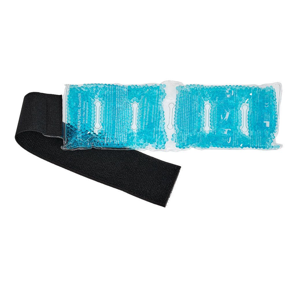Pack de gel bleu avec bande noire. Texte: THERA°PEARL. Produit pour articulations.