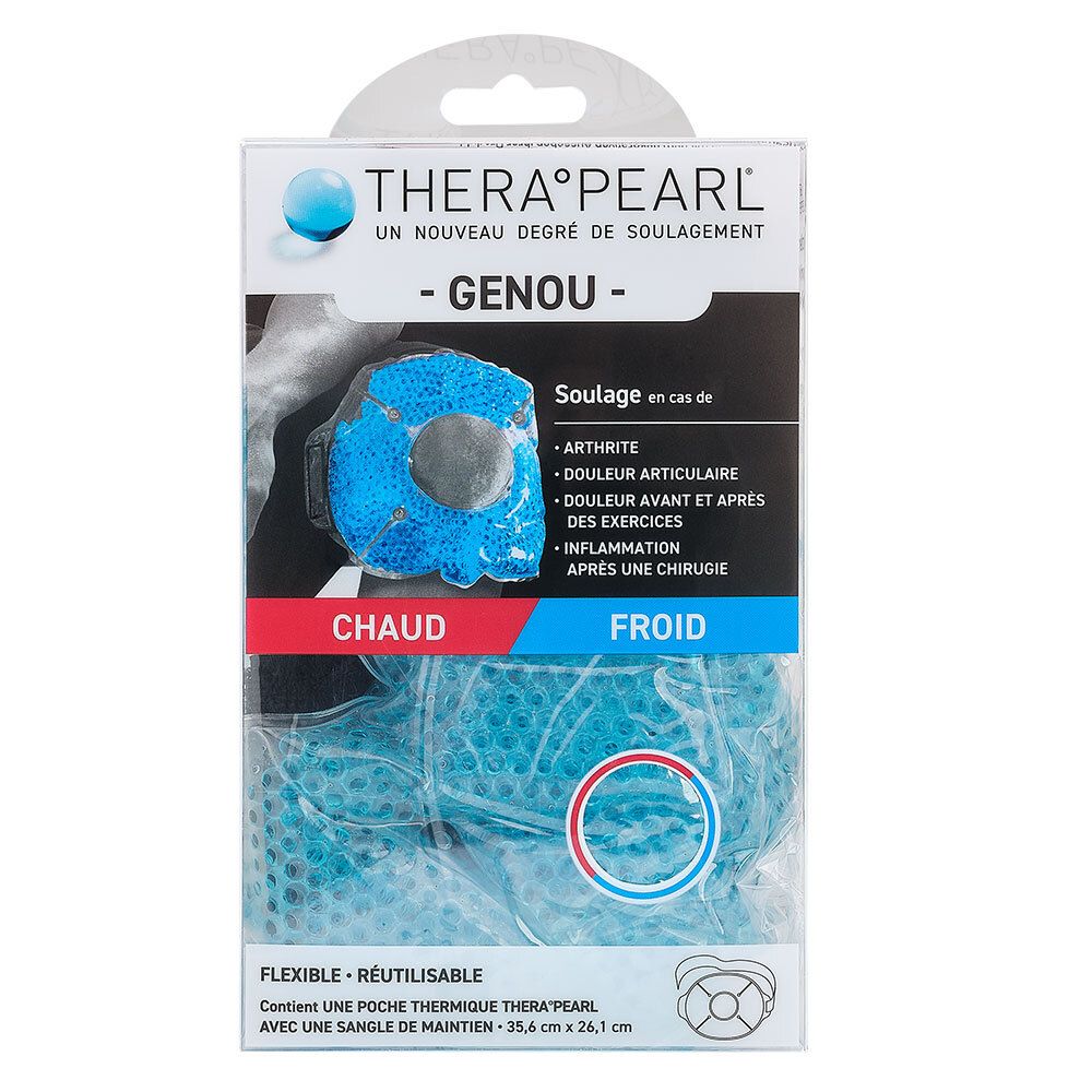 Compresse pour genou THERA°PEARL dans son emballage. Gel bleu, boîte blanche avec informations.