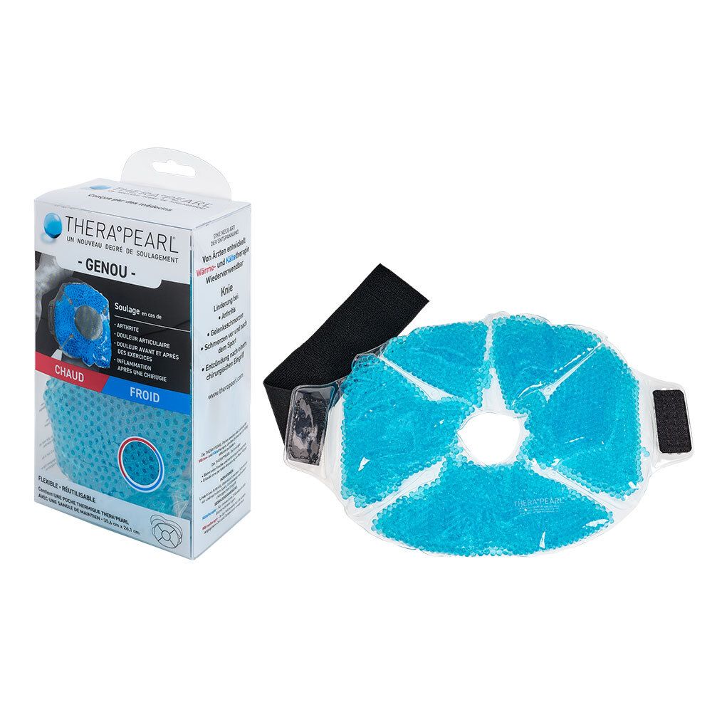 Compresse pour genou THERA°PEARL et emballage. Compresse gel bleu, sangle noire, boîte blanche.