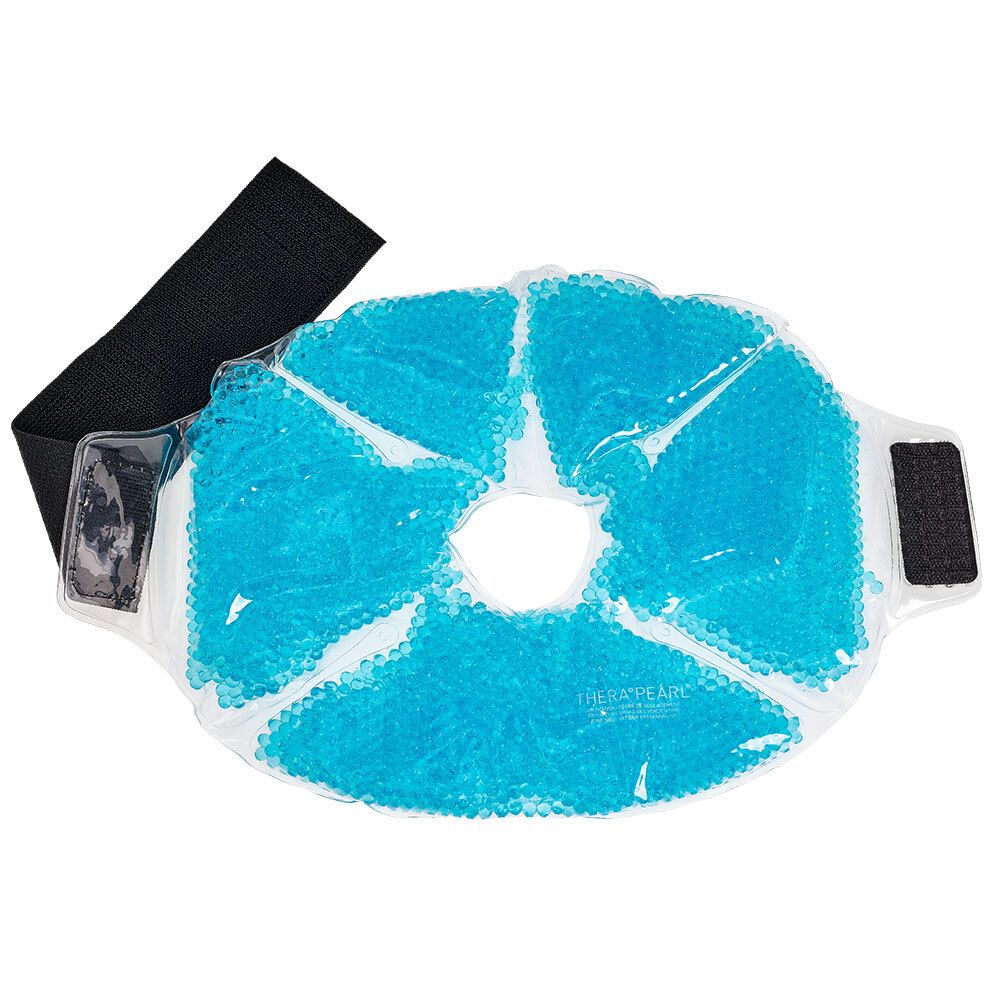 Compresse pour genou bleue avec sangle noire. Remplie de gel, ronde, avec velcro.
