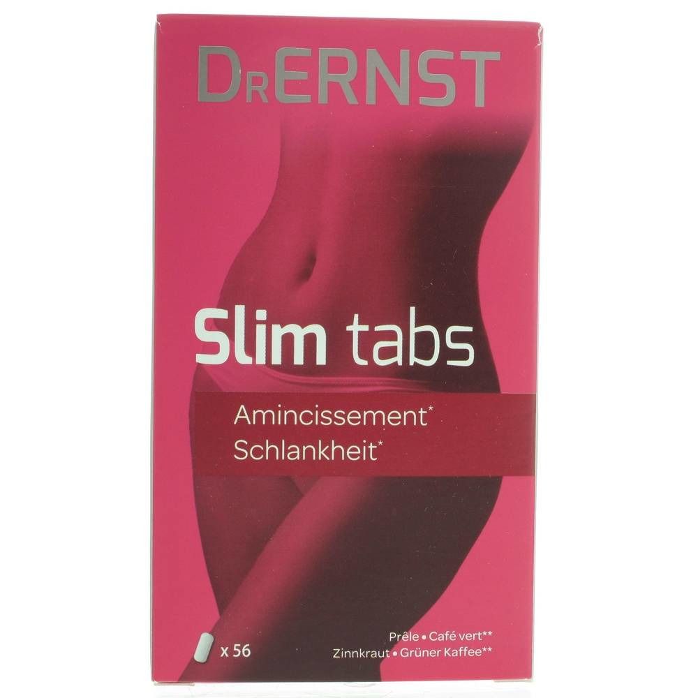 Boîte rose avec "Dr. Ernst Slim tabs". Texte: "Amincissement, Schlankheit". En bas: x56 comprimés. Illustration d'une femme.