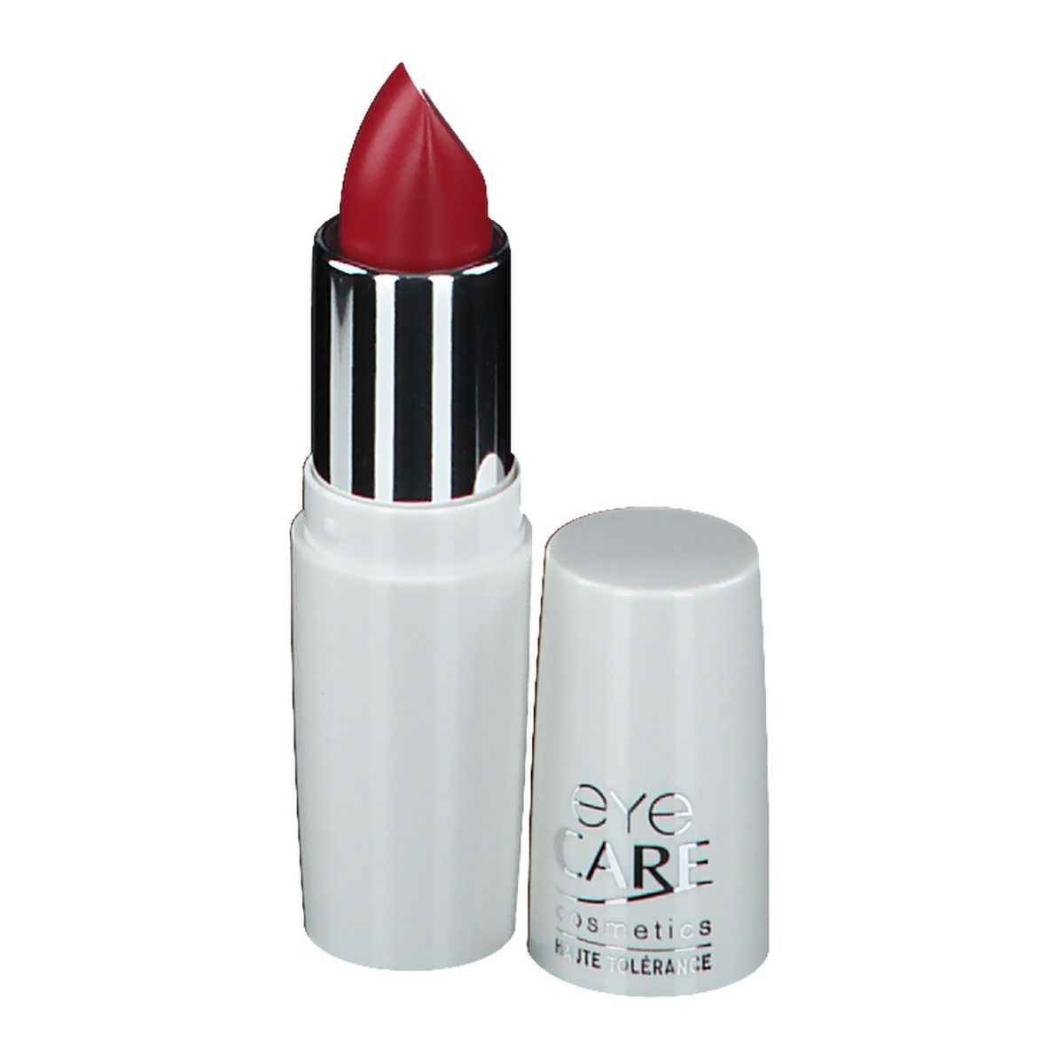 Rouge à lèvres rouge dans un étui blanc. Le capuchon est retiré. "Eye Care" est inscrit sur le rouge à lèvres.